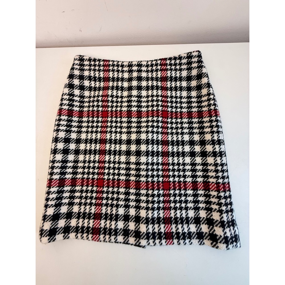 Talbots Petites Wool Houndstooth Plaid Mini Skirt Black White Red 6P VN1184